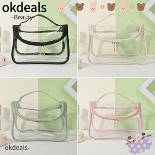 Okdeals กระเป๋าเครื่องสําอาง หนัง PU แบบใส สองชั้น ความจุขนาดใหญ่ กันน้ํา สําหรับผู้หญิง