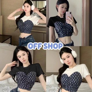 OFF SHOP พร้อมส่ง (OFF-95139) เสื้อไหมพรม เย็บแต่งลวดลาย 2สี แขนสั้นคอกลม   -C