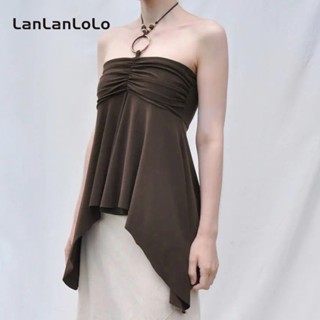 Lanlanlolo เสื้อกล้าม เปิดไหล่ สีพื้น เซ็กซี่ สําหรับผู้หญิง 2023