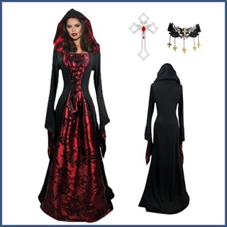 ชุดเดรสคอสเพลย์แวมไพร์ Renaissance Vampire Dress Medieval Cape Dress มีฮู้ด สําหรับผู้หญิง