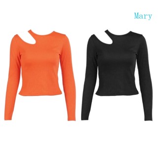 Mary เสื้อยืดครอป แขนยาว ทรงสลิมฟิต สีดํา สีส้ม สําหรับผู้หญิง