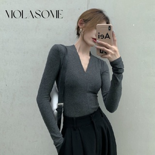 Molasome เสื้อยืด คอวี แขนยาว เข้ารูป สีพื้น แฟชั่นใหม่ สําหรับผู้หญิง 2023