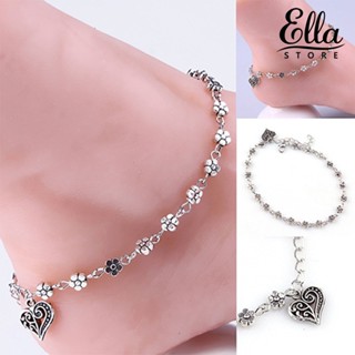 Ellastore123 สร้อยข้อเท้าโซ่ รูปหัวใจ ดอกไม้ สไตล์เรโทร สําหรับผู้หญิง