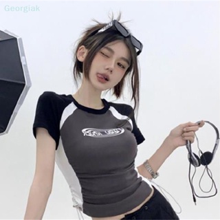 【Geor】เสื้อยืดครอปท็อป คอกลม แขนสั้น พิมพ์ลาย สไตล์เรโทร แฟชั่นฤดูร้อน สําหรับผู้หญิง