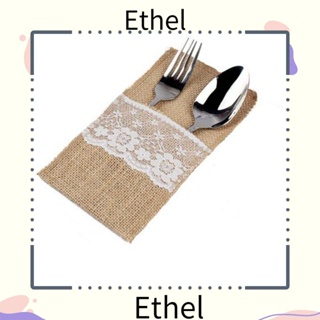 Ethel1 ที่ใส่ช้อนส้อม ผ้ากระสอบ ลายลูกไม้ สําหรับงานแต่งงาน 10 ชิ้น