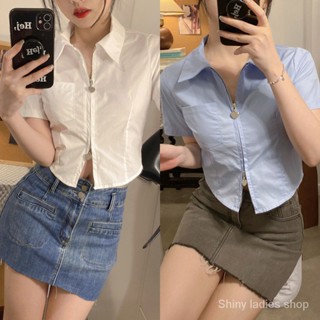 🤍พร้อมส่ง💙 เสื้อครอปแขนสั้น คอปกโปโล มีซิป สไตล์เกาหลี สําหรับผู้หญิง SC3920