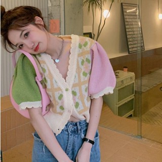 เสื้อคาร์ดิแกน คอวี แขนสั้น ผ้าถัก สุดชิค สําหรับผู้หญิง