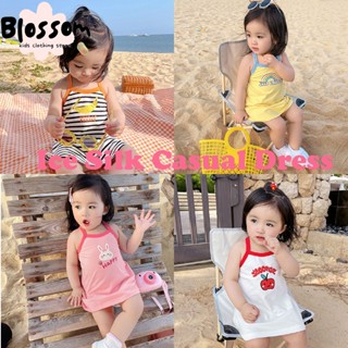 Blossom Kids Summer Ice Silk Dress เดรสฤดูร้อน เดรสเกาหลีน่ารัก เสื้อเชอรี่ ชุดลําลองผู้หญิงสไตล์เกาหลี เดรสคุณหนูน่ารัก ชุดเสื้อกล้ามเด็กผู้หญิง ชุดขาวชมพู