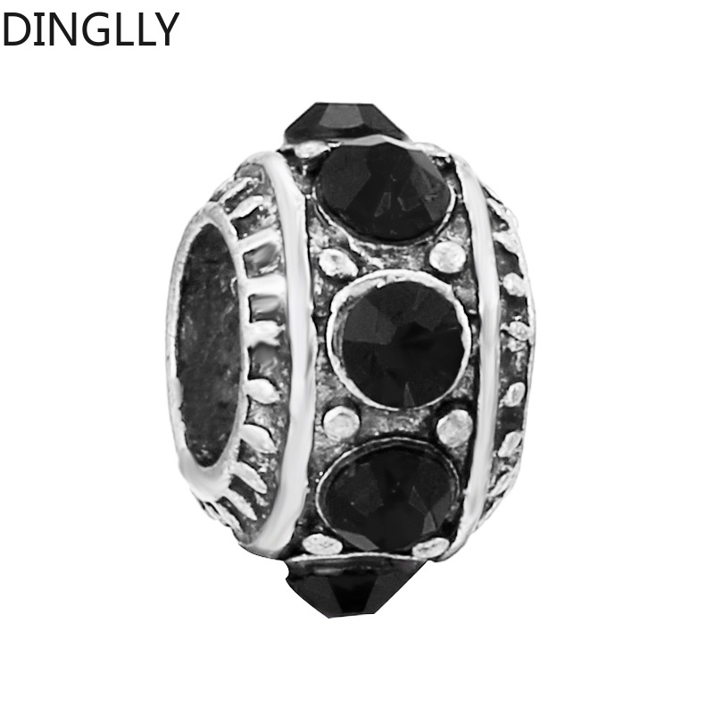 Dinglly สีเงิน โลหะผสม ลูกปัดสีดํา พลอยเทียม กลม ลูกปัดแยก เสน่ห์ เครื่องประดับ Diy ทําอุปกรณ์เสริม
