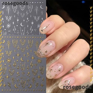 Rosegoods1 สติกเกอร์กระจก ลายดวงจันทร์ ดาว มีกาวในตัว สไตล์โบฮีเมียน วินเทจ สีทอง สําหรับตกแต่งเล็บ 5 ชิ้น ต่อชุด