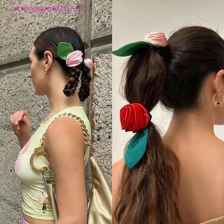 Strongaroetrtu Sa Scrunchies ยางรัดผม แบบยืดหยุ่น ลายดอกกุหลาบ สไตล์เกาหลี โรแมนติก ของขวัญ แฟชั่นสําหรับผู้หญิง