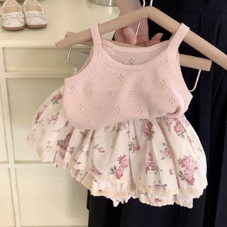 พร้อมส่ง ชุดเสื้อแขนกุด กระโปรงถัก คอกลม ลายดอกไม้ ทรงหลวม ระบายอากาศ สองชิ้น แฟชั่นฤดูร้อน สไตล์เกาหลี สําหรับเด็กผู้หญิง
