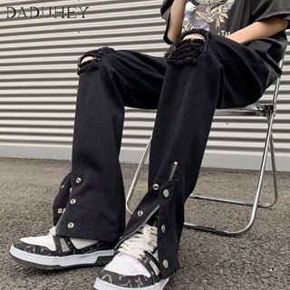 DaDuHey🔥 Mens 2023 American Style High Street Fashion Brand and Retro Vibe Denim Pants Hiphop Drape Versatile Zipper Split Slightly Flared Casual Pants