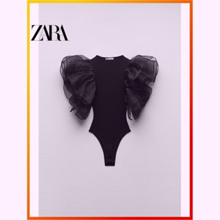 Zara ใหม่ ชุดบอดี้สูท เส้นด้ายแข็ง ใส ตกแต่งเลเยอร์ แต่งผ้าซี่โครง สําหรับผู้หญิง 0858330 800