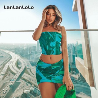 Lanlanlolo ชุดเสื้อสายเดี่ยว และกระโปรง แต่งจับจีบ พิมพ์ลาย เซ็กซี่ แฟชั่นสําหรับสตรี 2023