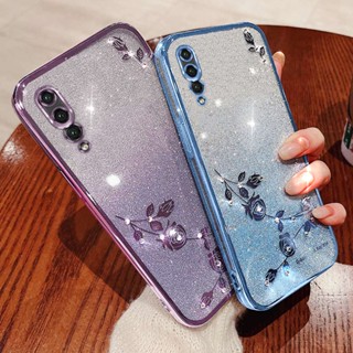 แฟชั่น ดอกกุหลาบ พลอยเทียม วิบวับ เคส Huawei P20 Pro / P20 ใส นิ่ม TPU เคส แวววาว ผงกลิตเตอร์ ซิลิโคน ฝาหลัง