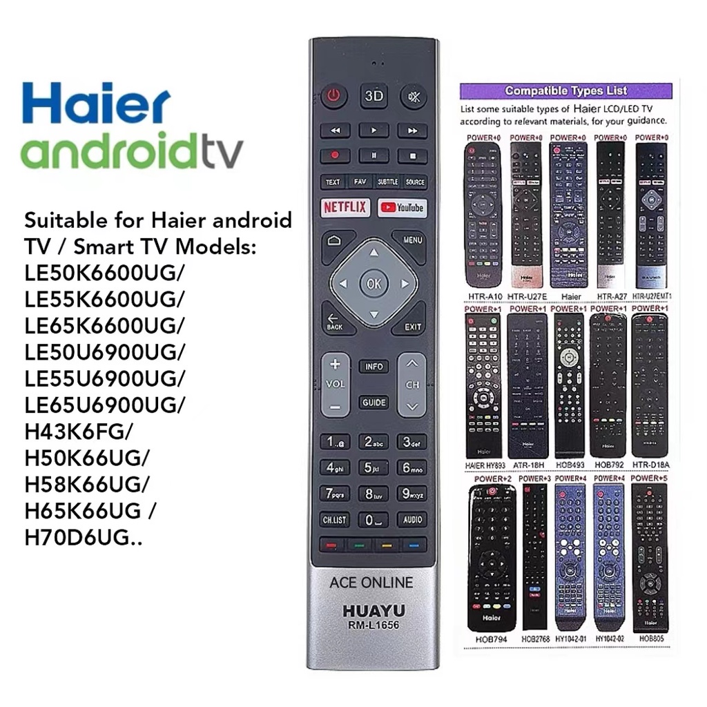 Haier Android Netflix YouTube สมาร์ท LED TV เปลี่ยนรีโมทคอนโทรลสําหรับ LE50K6600UG LE55K6600UG LE65K