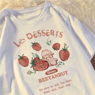 TOP CT【💘💘】Korean loose cotton short-sleeved T-shirt cartoon strawberry bunny printed  retro oversize top for women