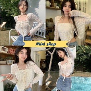 Mini shop🌸พร้อมส่ง🌸 (19087+19087-1) เซ็ต เสื้อสายเดี่ยวไหมพรม+เสื้อคลุม ลายดอกไม้น่ารัก  -C