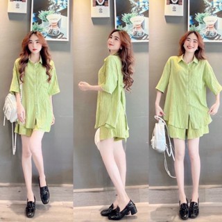 (สินค้าพร้อมส่ง) ชุดเซตผ้าเปลือกไม้ มีโบว์ผูกหลัง ใส่เที่ยวคาเฟ่ต์สวยๆ (K8500)