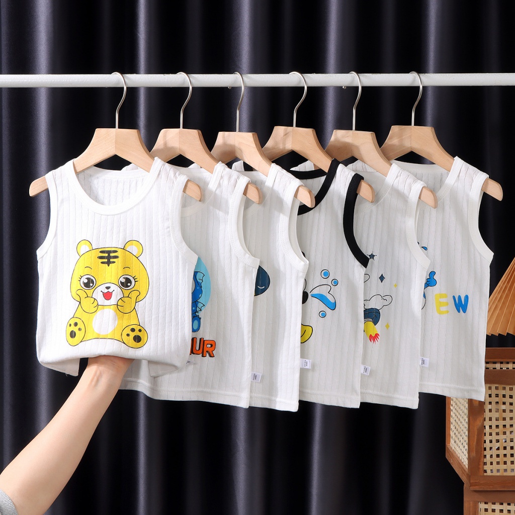 80-130เสื้อกั๊กแขนกุด ผ้าฝ้ายแท้ แบบบาง ขนาดเล็ก แฟชั่นฤดูร้อน สําหรับเด็กผู้ชาย และเด็กผู้หญิง ชุดเด็กอ่อนเสื้อกล้ามรูเด็ก 9เดือน 1ขวบ 2ขวบ 3ขวบ 4ขวบ 5ขวบ
