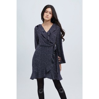 ESP เดรสทรงไขว้ทับลายจุด ผู้หญิง สีกรมท่า | Dot Print Wrap Dress | 5782