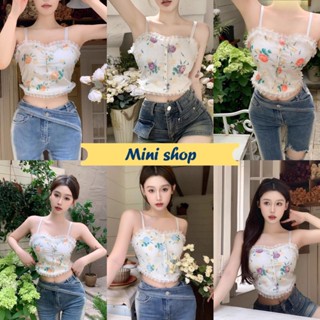 Mini shop🌸พร้อมส่ง🌸 (FY388) เสื้อสายเดี่ยว ขอบลูกไม้ ลายดอกไม้ มีฟองน้ำ ด้านหลังมีสม๊อคยืดๆ -DD