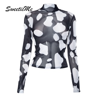 Sweeticme ใหม่ เสื้อยืดลําลอง แขนยาว คอกลม พิมพ์ลาย สีคมชัด แฟชั่นฤดูร้อน สําหรับสตรี 2023