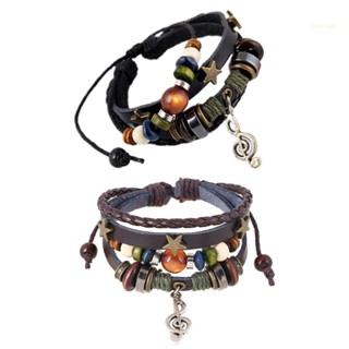 san* Leather Rope Braid Wrap Multi Layer Shield Wood Bead Charm Wristband Bracelet