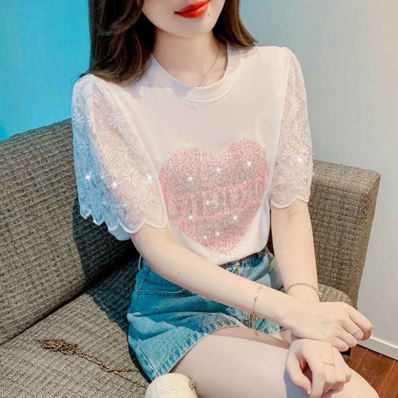 Breeze ความเรียบง่าย แขนสั้น เสื้อยืด เสื้อผ้าสตรี ลูกไม้ การลดอายุ ท็อปส์
