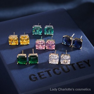 [0603]YWLY-EH Entry lux Exquisite New Gift Sterling Silver Needle Earrings Geometric Square Zircon Earrings Special-Interest Design Temperament All-Match Small Square Diamond Simpl