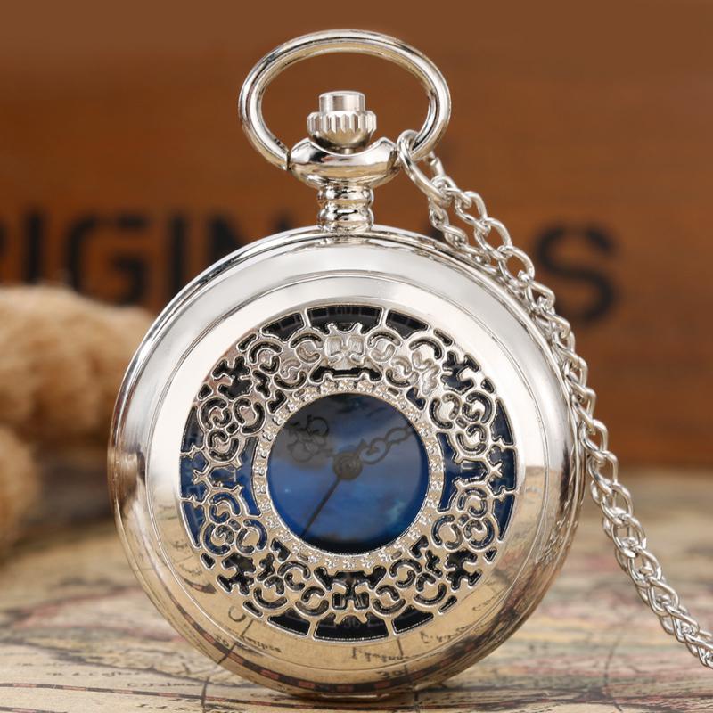 Starry Blue Dial Pocket Watch เลขโรมันจี้ Bronze Hollow Case Steampunk Vintage สร้อยคอแขวนนาฬิกา