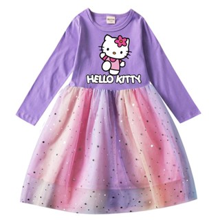 ชุดเดรสแขนยาว ประดับเลื่อม ลายการ์ตูน Hello Kitty สีรุ้ง แวววาว เหมาะกับงานปาร์ตี้วันเกิด สําหรับเด็กผู้หญิง