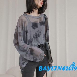 Bay- เสื้อยืดแขนยาวลําลอง คอกลม ผ้าตาข่าย ป้องกันแดด พิมพ์ลายมัดย้อม ทรงหลวม แฟชั่นฤดูร้อน สไตล์สตรีท สําหรับผู้หญิง