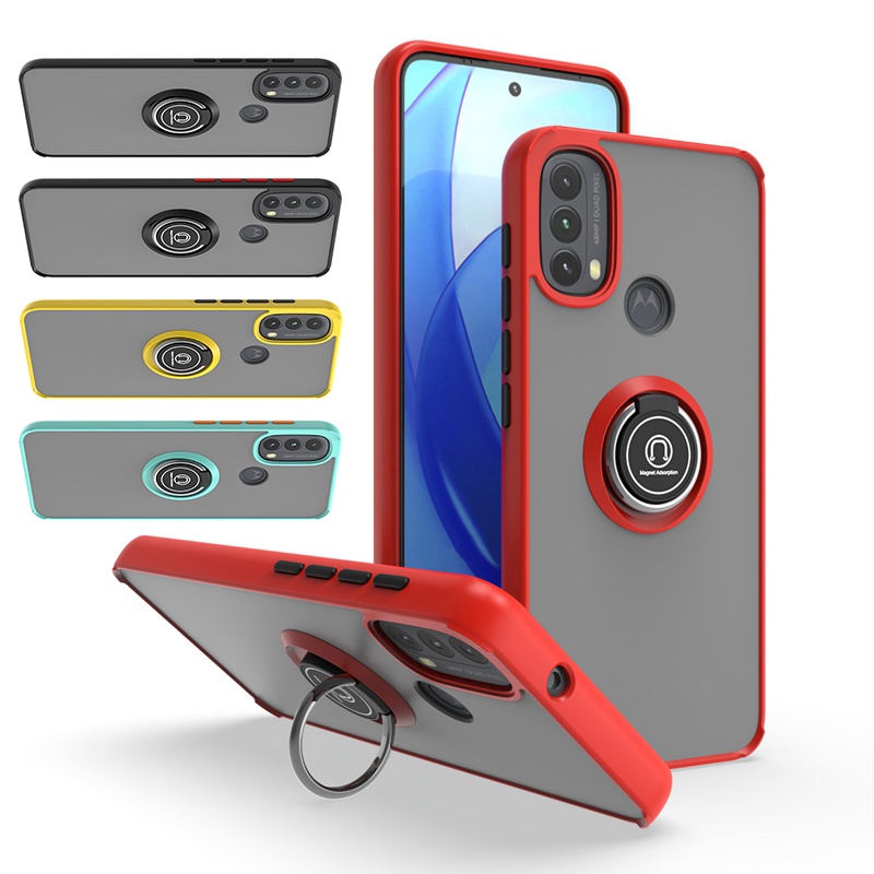 สําหรับ Motorola Moto E40 E30 E20 E22 E22i E32 E32s E13 E7 E7i Power โปร่งแสง Frosted ฝาครอบแหวนหมุนได้ขาตั้งกันกระแทก TPU กันชนกรณี