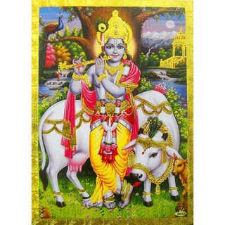 โปสเตอร์ รูปภาพเทพเจ้า Krishna with Cow Reprint Hindu พร้อม Den F