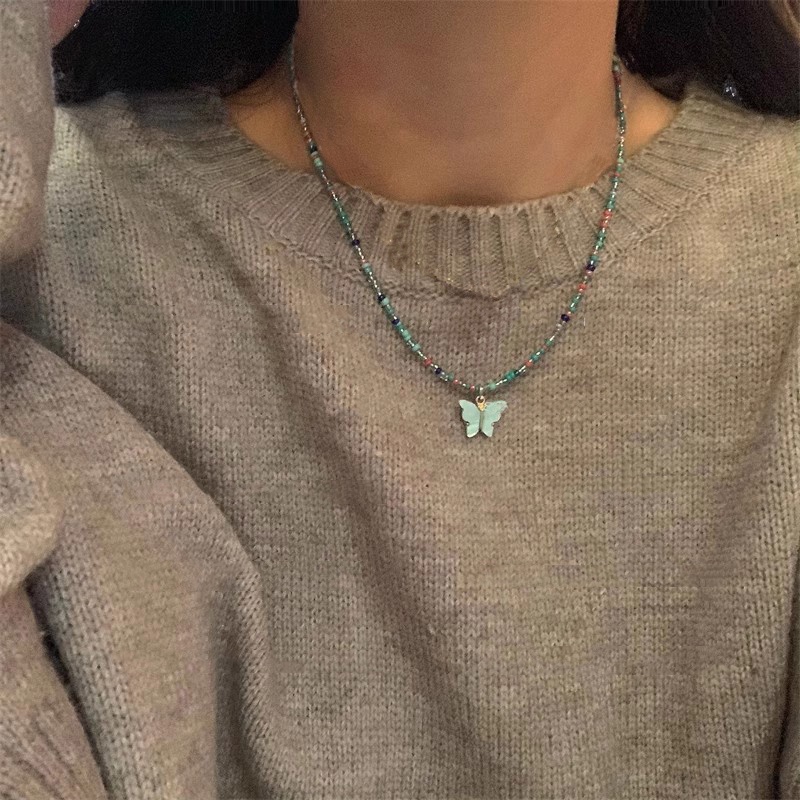 Roselife โบฮีเมีย หวาน ที่มีสีสัน ลูกปัด อะคริลิค ผีเสื้อ จี้สร้อยคอ สําหรับผู้หญิง เกาหลี Mori สาว สายรุ้ง ลูกปัด ไหปลาร้า สร้อยคอโซ่ เครื่องประดับ ของขวัญ