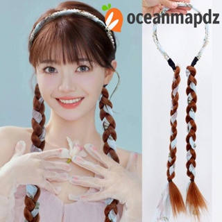 OCEANMAPDZ วิกผมหางม้าถักเปีย ประดับมุก สีน้ําตาล น่ารัก ทนอุณหภูมิสูง สําหรับผู้หญิง