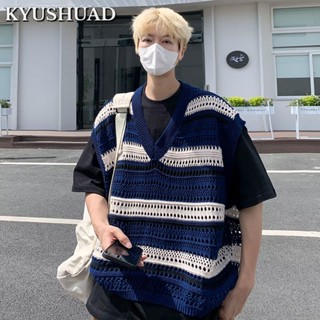 KYUSHUAD หลวมใหม่วัยรุ่นญี่ปุ่นที่นิยมง่ายฮาราจูกุเทรนด์เสื้อแขนกุดถักทุกแมทช์, เสื้อกั๊กเหงื่อคอวี,