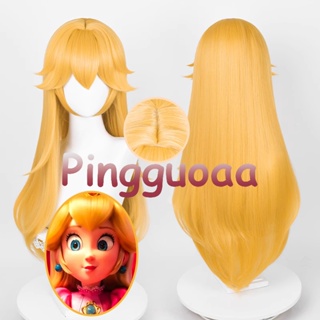 Manmei Mario Princess Peach Cosplay Wig 75cm Long Straight Golden Yellow Scalp Wig Cosplay Anime Cosplay Wigs Heat Resistant Synthetic Wigs