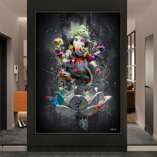โปสเตอร์ภาพวาดผ้าใบ ลายกราฟฟิติ ช้าง พระพิฆเนศ ดอกบัว สําหรับตกแต่งผนังบ้าน ห้องนั่งเล่น