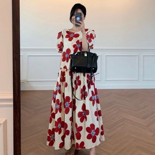 【HuuJing】ชุดเดรสยาว คอกลม แขนพอง จับจีบ ทรงหลวม ลายดอกไม้ ขนาดใหญ่ สไตล์เกาหลี แฟชั่นฤดูร้อน สําหรับเด็กผู้หญิง