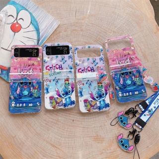 เคสโทรศัพท์มือถือ ป้องกัน ปิดด้านหลัง ลายการ์ตูน Stitch พร้อมสายคล้อง สําหรับ Samsung Galaxy Z Flip 5 Z Flip 4 Z Flip 3 ZFlip3 ZFlip4 ZFlip5