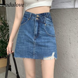 DaDulove💕 New Korean Version of INS Light-colored Hole Denim Short Skirt Niche High Waist A- line Skirt Bag Hip Skirt