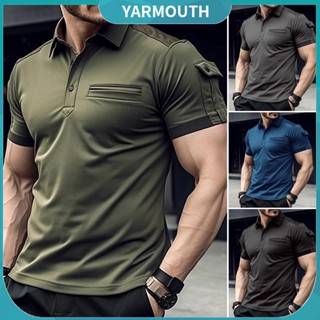 Yyr--เสื้อยืดลําลอง แขนสั้น คอปก ติดกระดุม ระบายอากาศ สีพื้น เหมาะกับฤดูร้อน สําหรับผู้ชาย