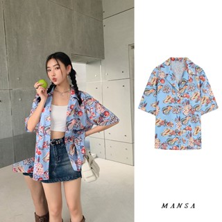 MANSA blue printed shirt เสื้อผ้าแฟชั่นผู้หญิง