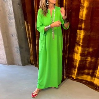 2023 Spring Summer Casual Loose Long Dress Fashion Ladies V-neck 3/4 Sleeve Beach Dress Vintage Pocket Straight Bohemian Dresses