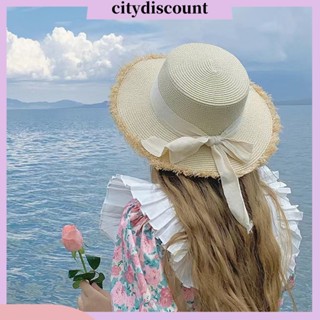 &lt;citydiscount&gt; หมวกฟางปีกกว้าง ประดับโบว์ ป้องกันรังสียูวี สีตัดกัน สไตล์ชาวประมง สําหรับผู้หญิง