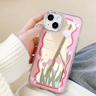 เคสป้องกันโทรศัพท์มือถือกระจก ลายการ์ตูนสุนัข ดอกทิวลิป สําหรับ iPhone 14 13 12 11 Pro Max 14ProMax