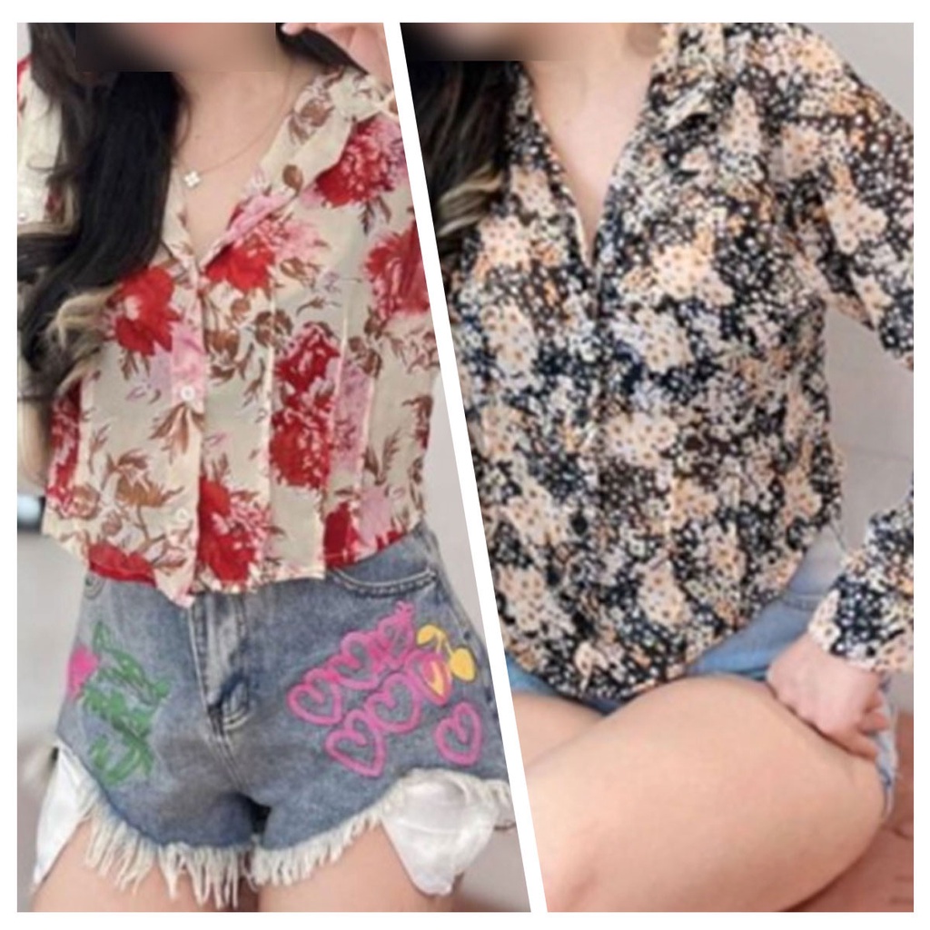 เสื้อเชิ้ตคอปกแขนยาวผู้หญิงสีทึบ เสื้อแฟชั่นสไตล์เกาหลี ลายดอกไม้สวยน่ารัก  เสื้อ สงกรานต์ ผู้หญิง
